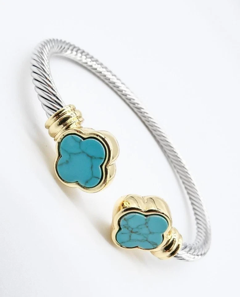 NUEVO BRAZALETE BRAZALETE CABLE PUNTAS DE TRÉBOL TURQUESA AZUL CHAPADO EN ORO DE 18kt Foto 4 de 4