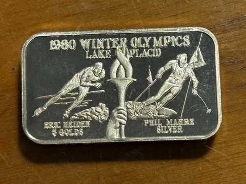1980 Winter Olympic Lake Placid 1oz .999 Silver Bar #61 Ch Unc.SKU#37932