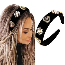 Black Baroque Headbands Pearl Rhinestones Wide Headband Velvet Jeweled Hair acce
