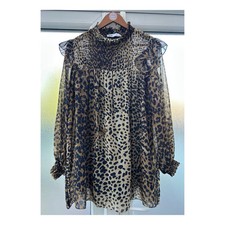 ZARA Leopard Print Chiffon Short Dress Size Small Ruffle Sleeves Shirred Chest 