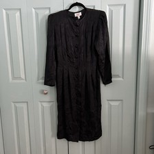 Vtg 90s Adrianna Papell Silk Black Button Front Midi Dress 10 Long Sleeve READ**