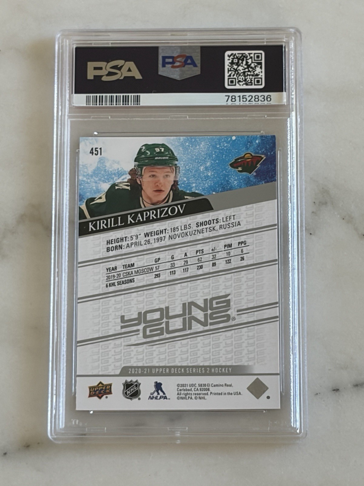 2020 Upper Deck #451 Kirill Kaprizov Young Guns Rookie RC Wild PSA 8 NM-MT 🔥 view 2