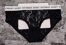 VICTORIA'S SECRET XL BLACK FLORAL LACE THICK LOGO BAND RARE HIPHUGGER PANTIES