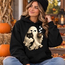 Ghost Hugging Black Cat Hoodie Cute Spooky Halloween Cat Lover Graphic Sweatshir