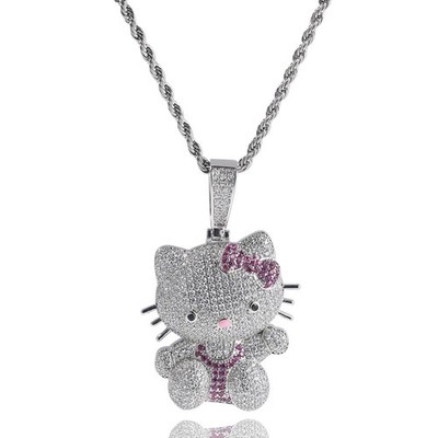 White Gold Plated 5A Iced Out Hello Kitty Pendant Men Chain Cartoon Jewelry Gift