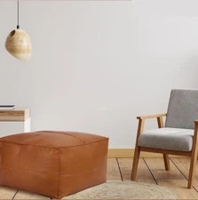 Leather Pouffe 30'' Boho Handmade Unstuffed Moroccan Genuine Ottoman Footstool