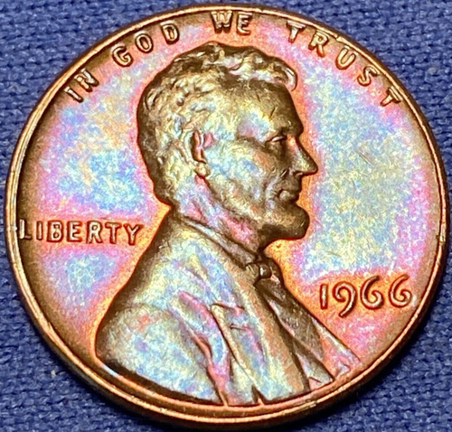 1966-P Lincoln Memorial Penny Brilliant Lustrous Rainbow Toned #7 - Picture 7 of 10