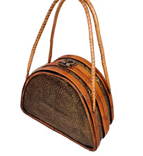 VTG Wooden Embossed Metal Purse Willow Hand Bag Rattan - Rare Design