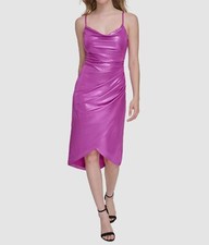 Guess Women's Purple Liquid Foil Ruched Cowlneck Sleeveless Slip Dress Size 14