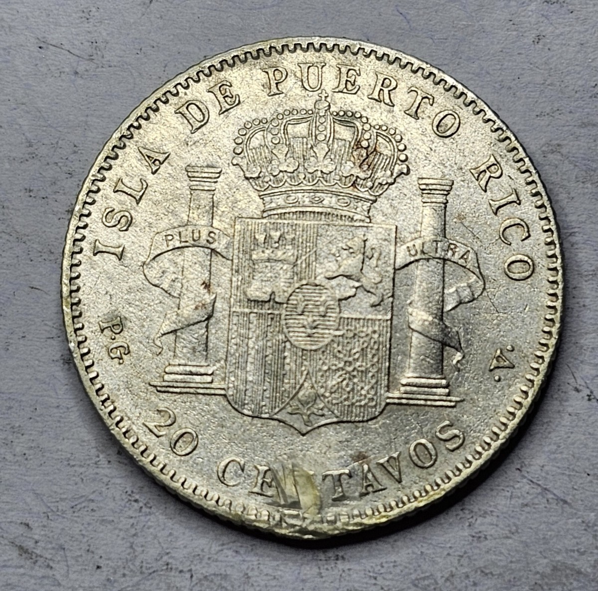 1895 Colonial Puerto Rico 20 Centavos SILVER Coin RARE HIGH GRADE