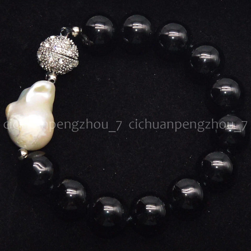 Brazalete de perlas barrocas Keshi blancas de 14 mm con cuentas redondas de ágata negra de 13 x 18 mm de 7,5"" Foto 3 de 3