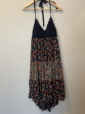 Anthropologie RAGA Crochet Floral Peasant Dress Navy Multicolor Womens Small