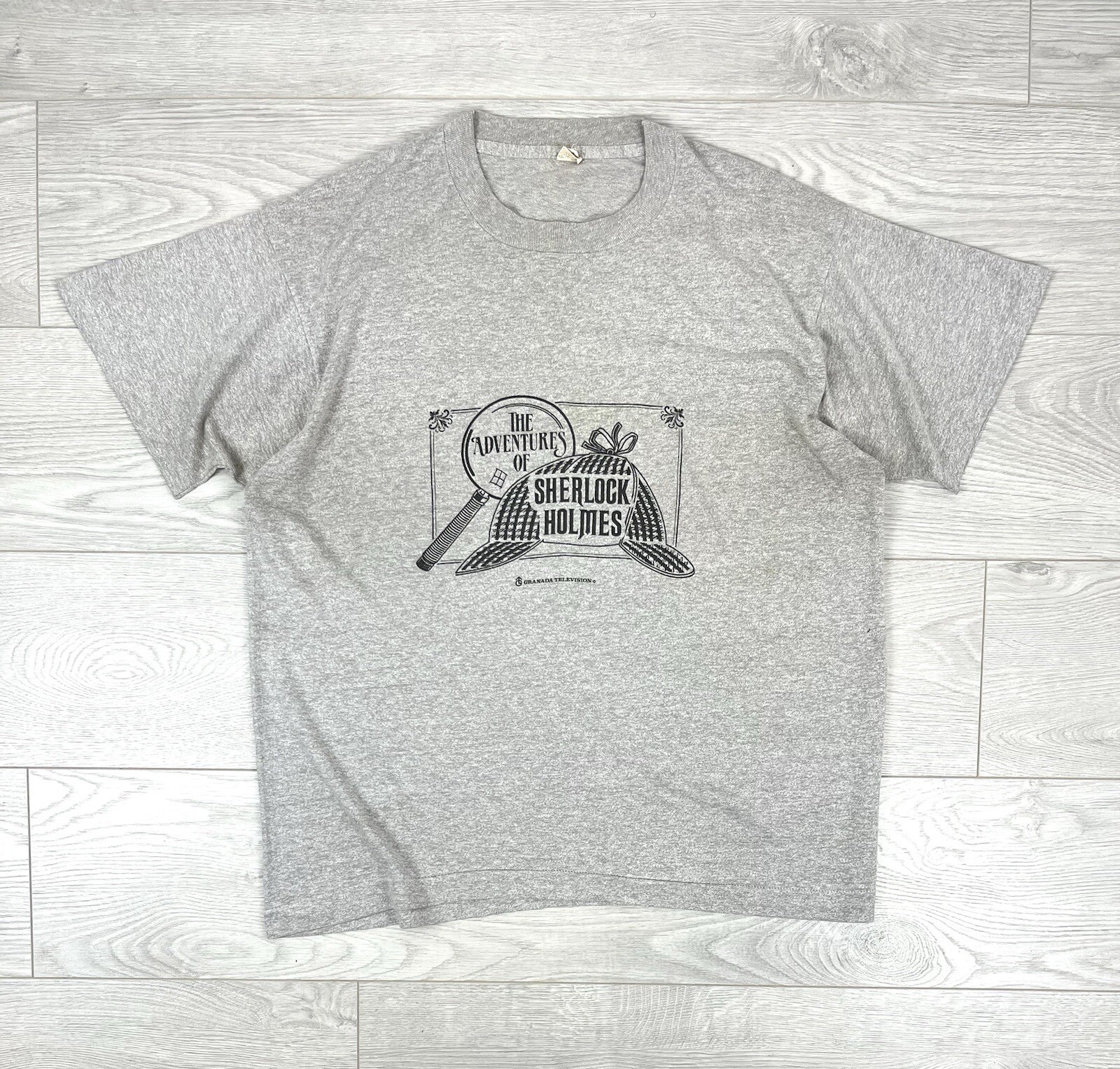 Sherlock Holmes The Adventures Vintage 90s Grey Movie T Shirt L size mens