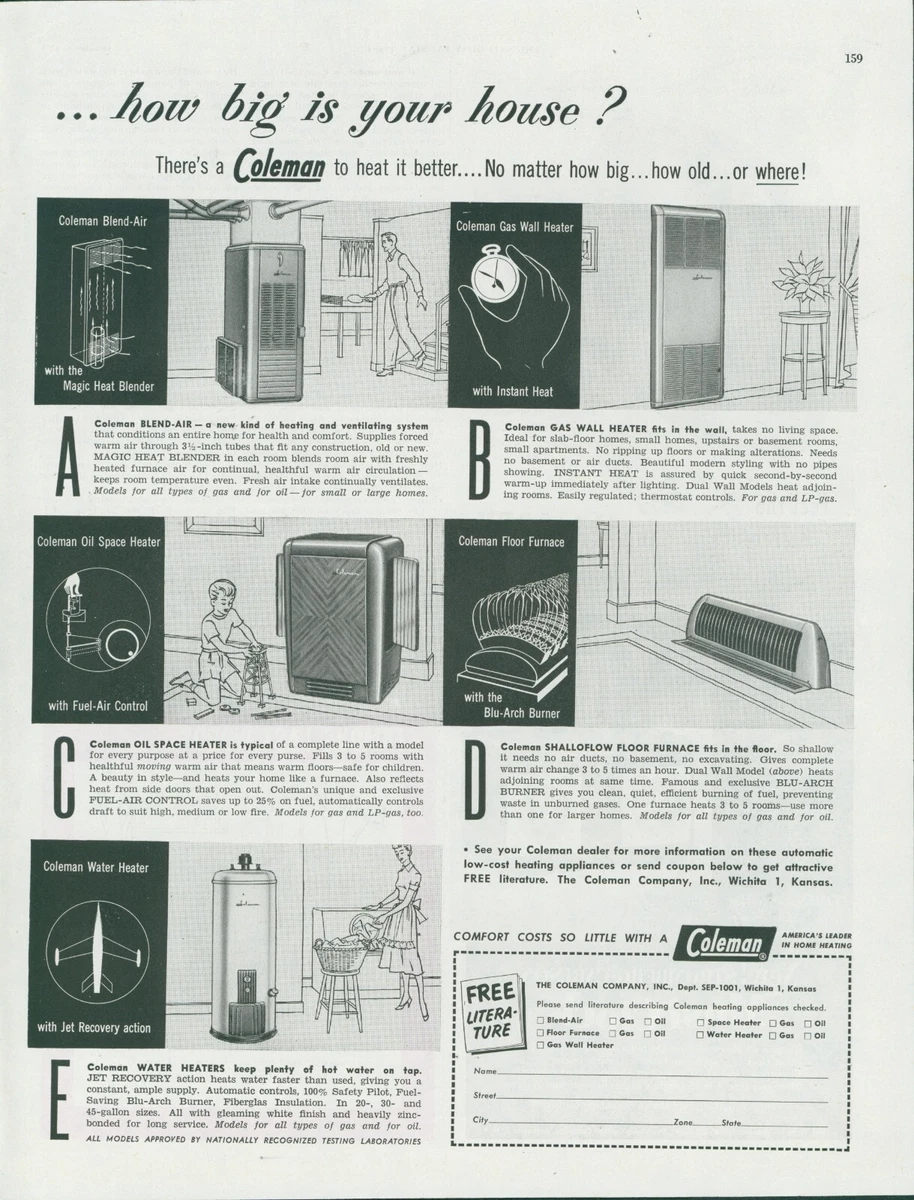 1951 Coleman Heat Blender Wall Space Heater Floor Furnace Vintage Print Ad  SP15 | eBay
