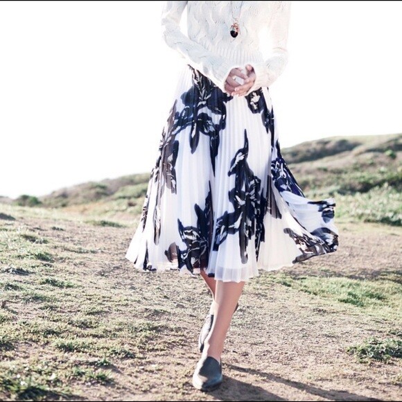 Banana Republic White Blue Floral Pleated Chiffon Midi Skirt, Size P8