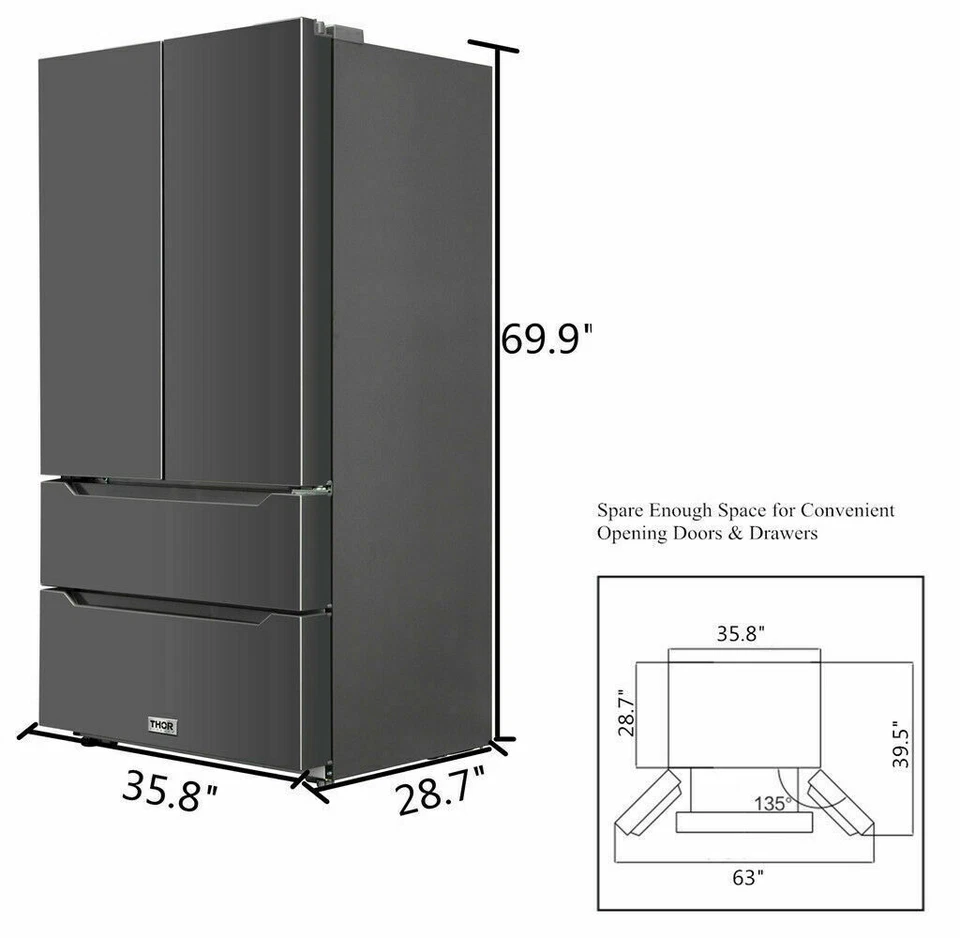 Refrigerador Energy Star Thor Kitchen 36"" puerta francesa 22,5 pies cúbicos negro SS Foto 4 de 4