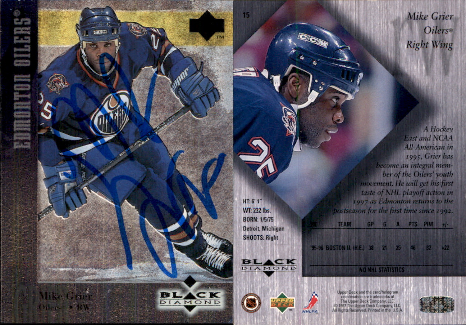 Mike Grier Signed 1996-97 Upper Deck Black Diamond #15 Card Edmonton Oilers