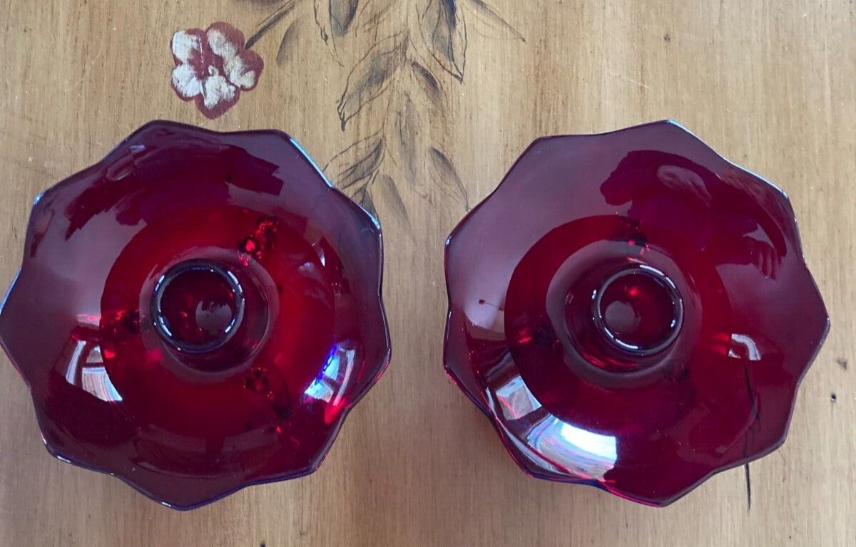 Fenton 3 Footed Ruby Red Glass Candle Stick Holder Set eBay