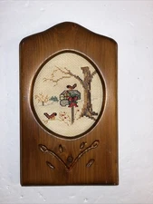 VTG 5x8 Wood Cross-Stitch Wall Art featuring a Winter Scene Birds Wood Carved