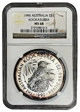 1990 Australia $5 KOOKABURRA 1 oz .999 FINE Silver Round Coin NGC MS-68 