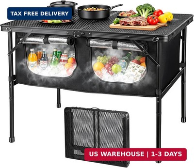Camping Table with Storage, Folding Camp Kitchen Table with Insulated Cooler Bag