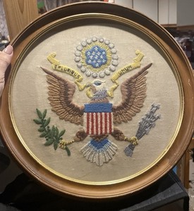 Vintage Hand Embroidered American Eagle 13" Round Frame Crewel Seal Of USA