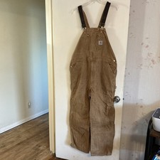 VTG Carhartt R01 Brown Canvas Bib Overalls Unlined Double Knee SZ See Pics