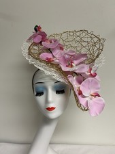 Gold/White Royal Ascot Kentucky Derby Pink Orchids / Mesh Large Fascinator Hat