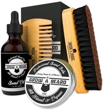 Beard Grooming Kit: Brush, Comb, Oil & Balm for Growth and Softness