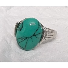 Silver Tone Ring Size 9 Aqua Blue Teal Oval Stone Fashion Costume Jewelry New