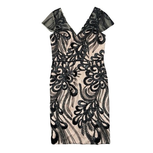 JS Collections Soutache Short Sleeve Lace Cocktail Dress Black Nude 12 - Picture 3 of 12