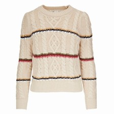Veronica Beard Bruna Cream Black Multi Stripe Chunky Knit Long Sleeve Sweater M