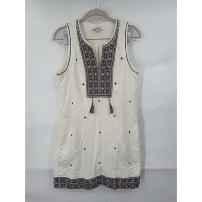 Madewell Shift Dress Women 4 Cream Red Embroidered Suncoast V Neck Boho Tassle