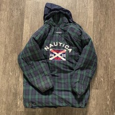 Vintage Nautica Kids Blue Red Plaid Reversible Hooded Down Coat Size L 16-18