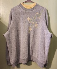Grandmacore Cottage Embroidered Crewneck Gray Sweatshirt Y2K Yellow Floral Large