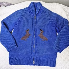 Vintage Cowichan Style Wool Zip Sweater Muskrat Prairie Dog Western Folk Art M/L