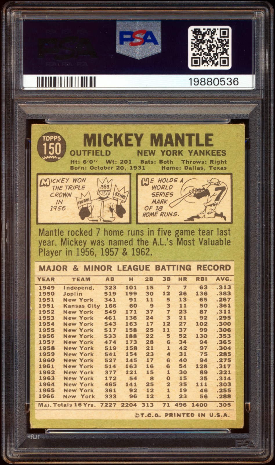 1967 Topps #150 Mickey Mantle PSA 4 CENTERED view 2