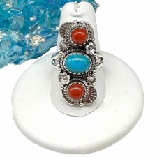 Kingman Turquoise Italian Coral Ring Size 8 Solid 925 Sterling Silver
