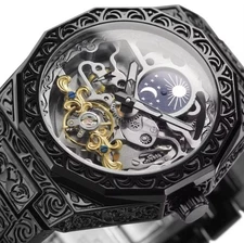 Forsining Skeleton Carved Tourbillon Mechanical Moon Dial Mens Watch waterproof