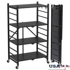 4 Tier Folding Metal Storage Rack on Wheels Heavy Duty Shelving Unit Home Office