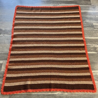 Vintage orange brown strip 70s Afghan Crocheted Handmade Blanket 51  X 64 