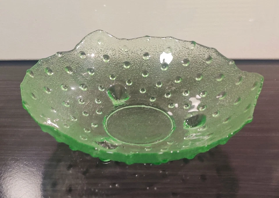 LOT 6 VTG Bowls MCM Green Glass Hobnail Footed Candy Dish Fruit Scallop Edge 9” - Image 2 of 4