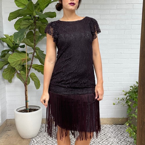 Vintage 60s 70s Dress M Black Lace Drop-Waist Fringe 1920s-Style Flapper - Picture 3 of 8