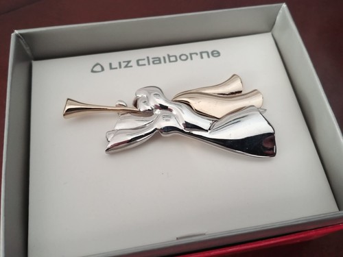 New Liz Claiborne Holiday Winged Angel Horn Music Brooch Pin Silver Gold Tone - Picture 5 of 17