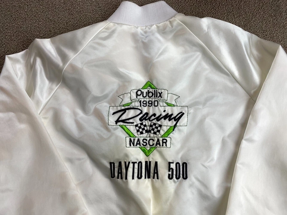 Chaqueta de carreras Publix Supermarkets 1990 Robby Gordon blanca satinada NASCAR de colección Foto 2 de 4