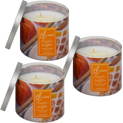 3x True Living 3 Docht Duftkerze im Glas 397g - Kürbis Waffeln