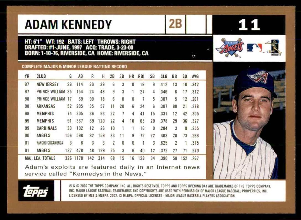 2002 TOPPS OPENING DAY ADAM KENNEDY ANAHEIM ANGELS #11 - Image 2 of 2