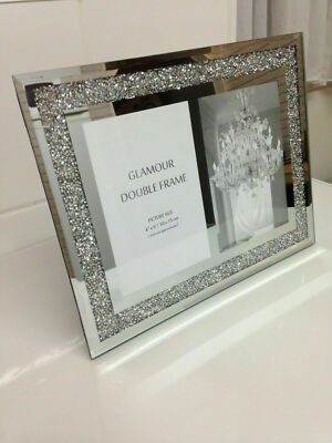 4x6 Zoll Doppel Bilderrahmen Crushed Jewel Diamant Kristall Silber verspiegelt Bild