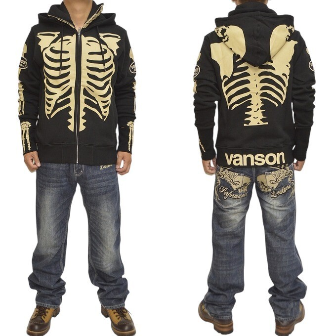 VANSON Zip Up Hoodie Jacket Bone Print Black Natural 4 Size VANSON Zip Up Hoodie Jacket Bone Print Black Natural 4 Size