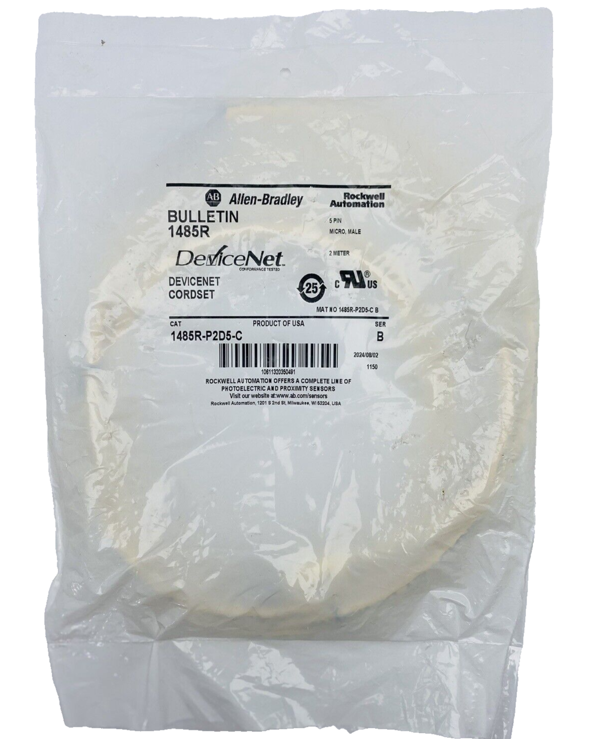 1485R-P2D5-C, ALLEN BRADLEY DEVICENET CORDSET, STANDARD 5-PIN, YELLOW ...